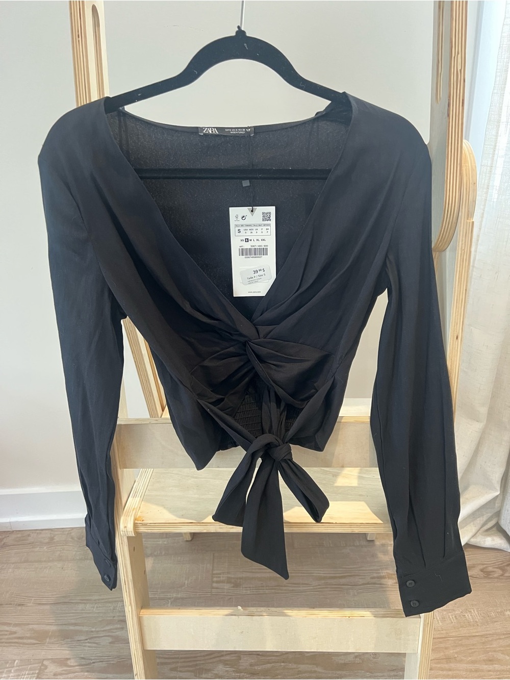 Zara Black Twist-Tie V-Neck Blouse